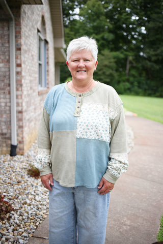 Blue and Green Mixed Print Long Sleeve Top | Malia Hem & Thread