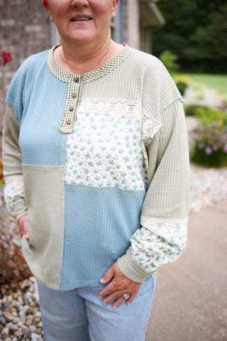Blue and Green Mixed Print Long Sleeve Top | Malia Hem & Thread