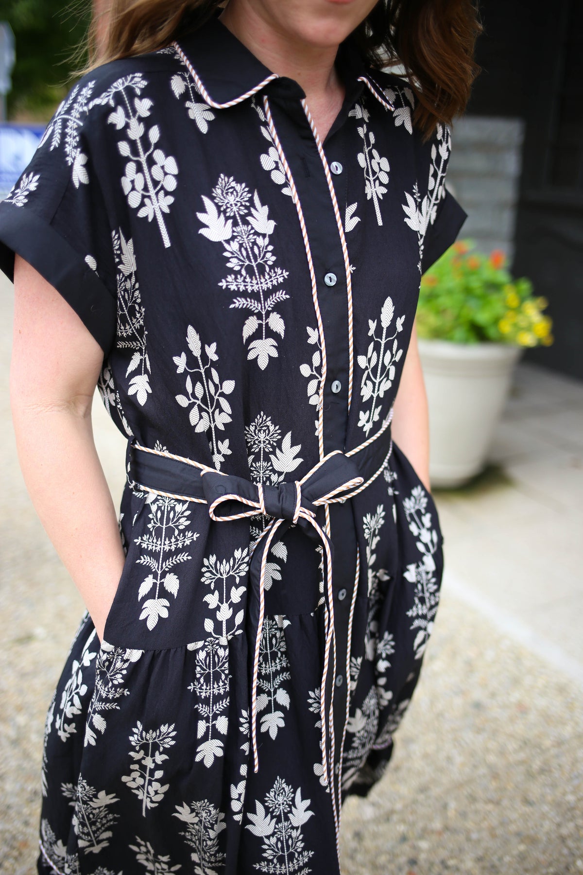 Black and White Floral Belted Midi Dress | Lettie Entro