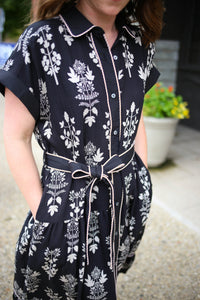 Black and White Floral Belted Midi Dress | Lettie Entro