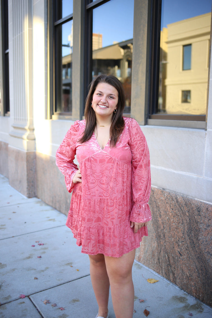 mauve pink velvet printed mini dress