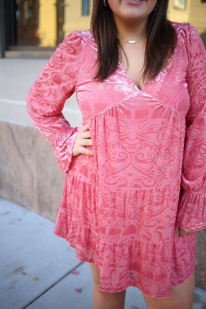 mauve pink velvet printed mini dress