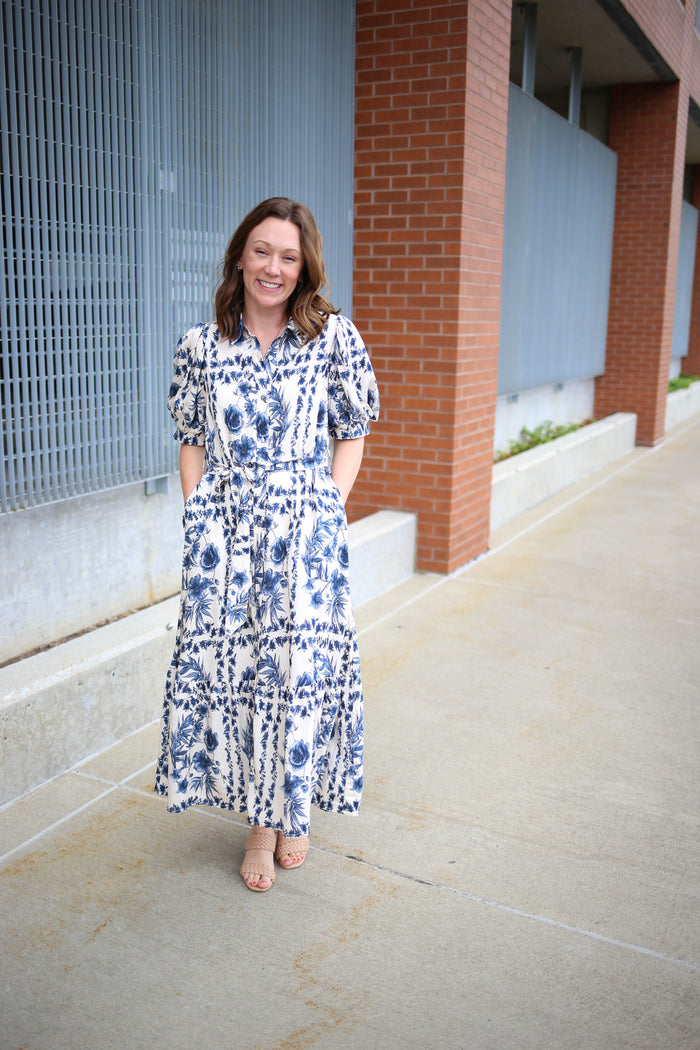 Bright Blue and White Floral Print Midi Dress | Blake Entro