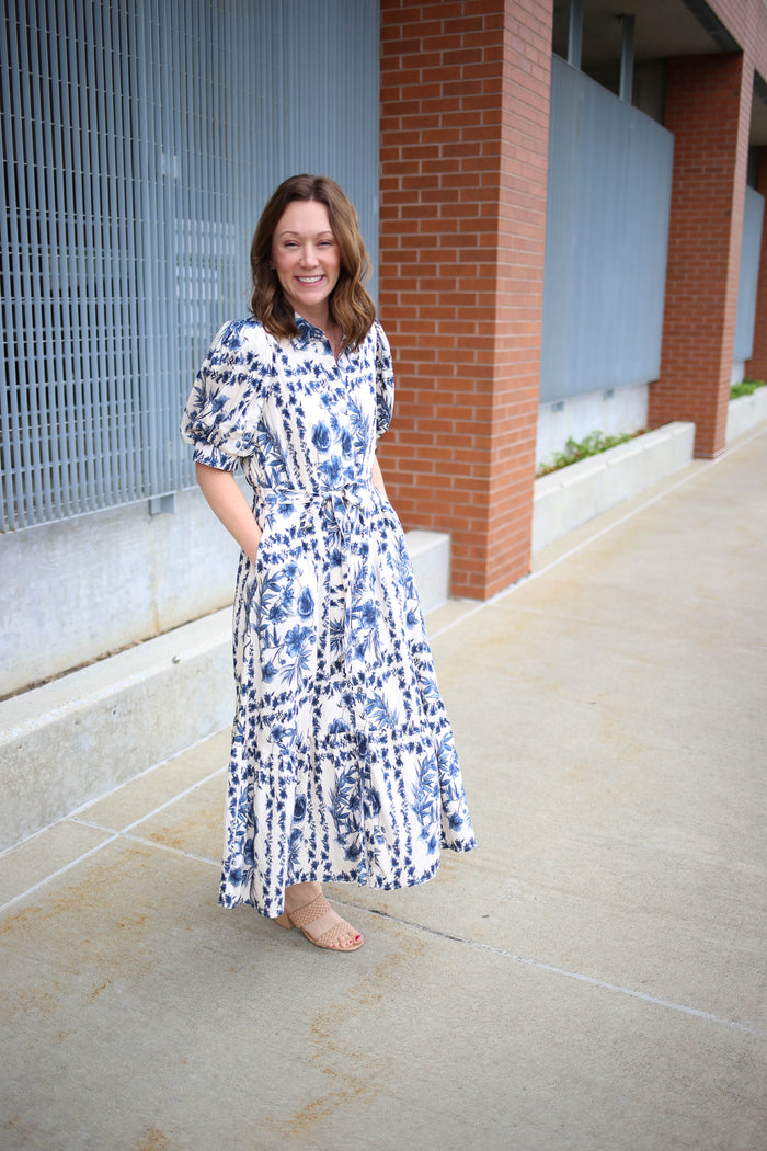 Bright Blue and White Floral Print Midi Dress | Blake Entro