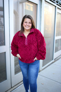 burgundy sherpa half-zip sweatshirt