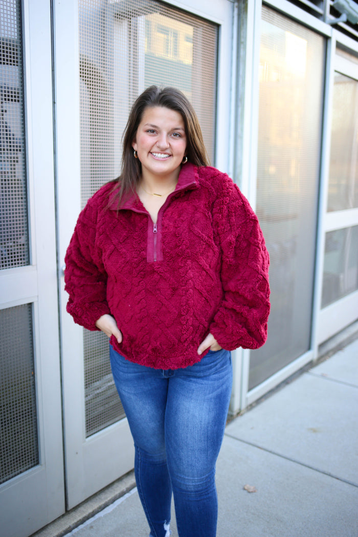 burgundy sherpa half-zip sweatshirt