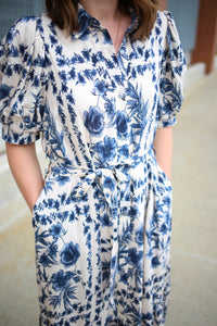 Bright Blue and White Floral Print Midi Dress | Blake Entro