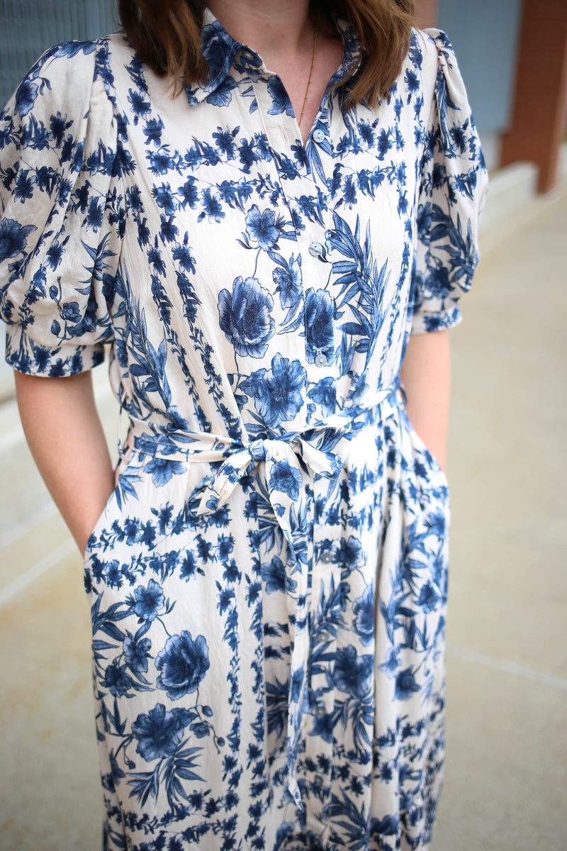 Bright Blue and White Floral Print Midi Dress | Blake Entro
