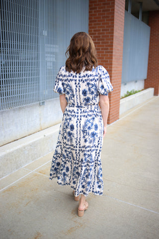 Bright Blue and White Floral Print Midi Dress | Blake Entro