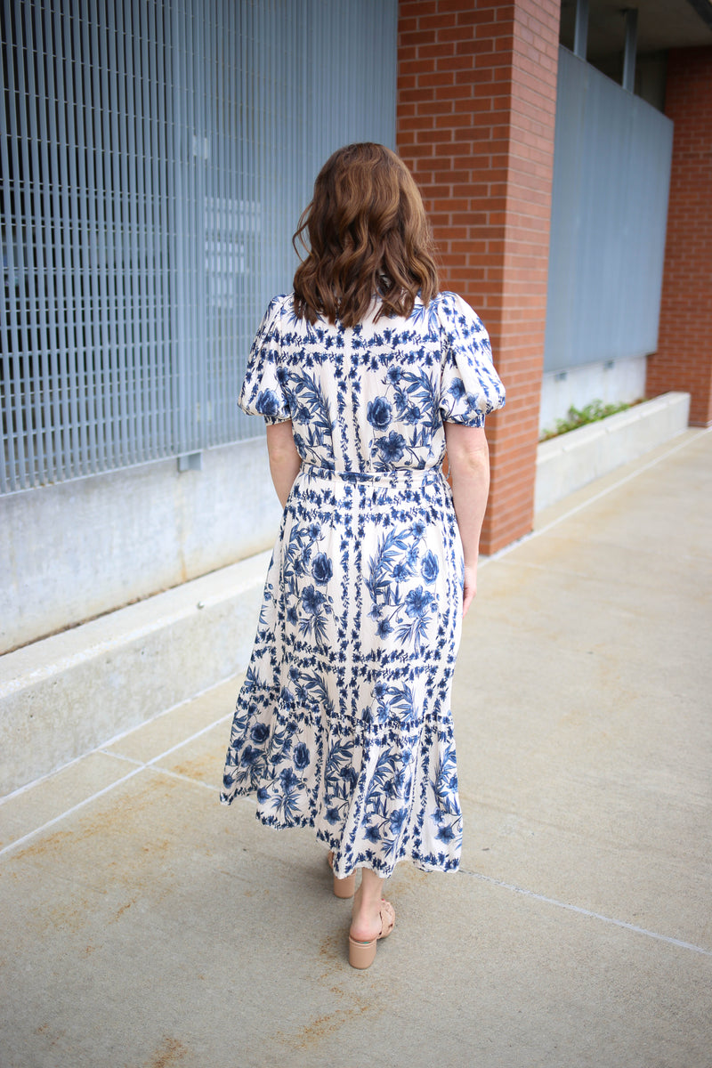 Bright Blue and White Floral Print Midi Dress | Blake Entro