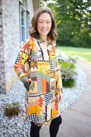 Patchwork Mixed Print Shirt Dress | Angela cozy casual