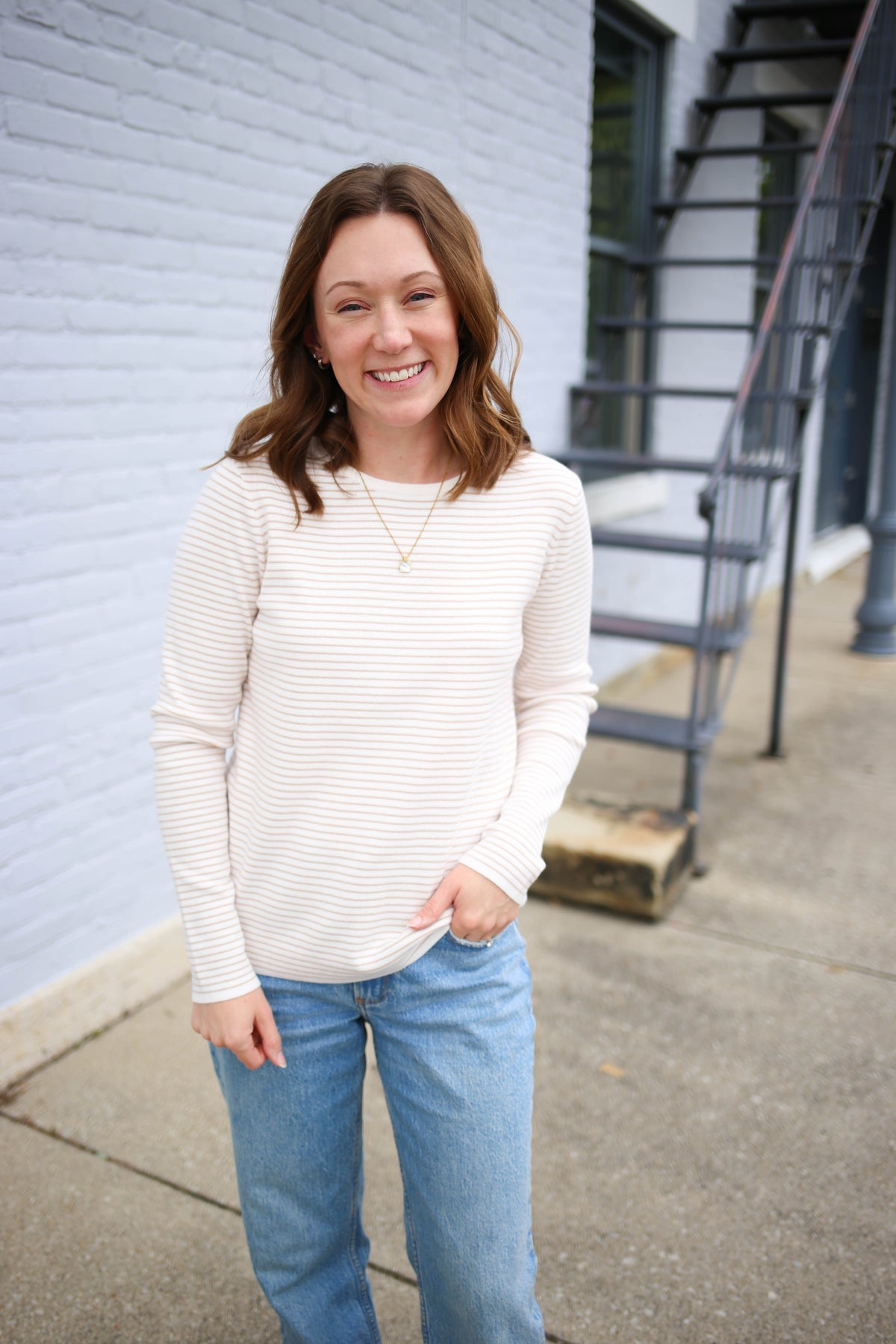 Ivory and Taupe Stripe Long Sleeve Top | Lena Staccato