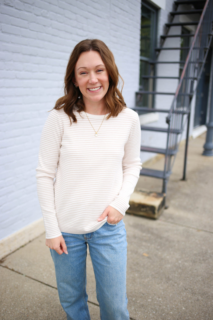 Ivory and Taupe Stripe Long Sleeve Top | Lena Staccato