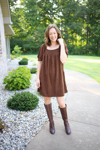 Brown corduroy dress with black polka dot detail and a square neckline, Wishlist
