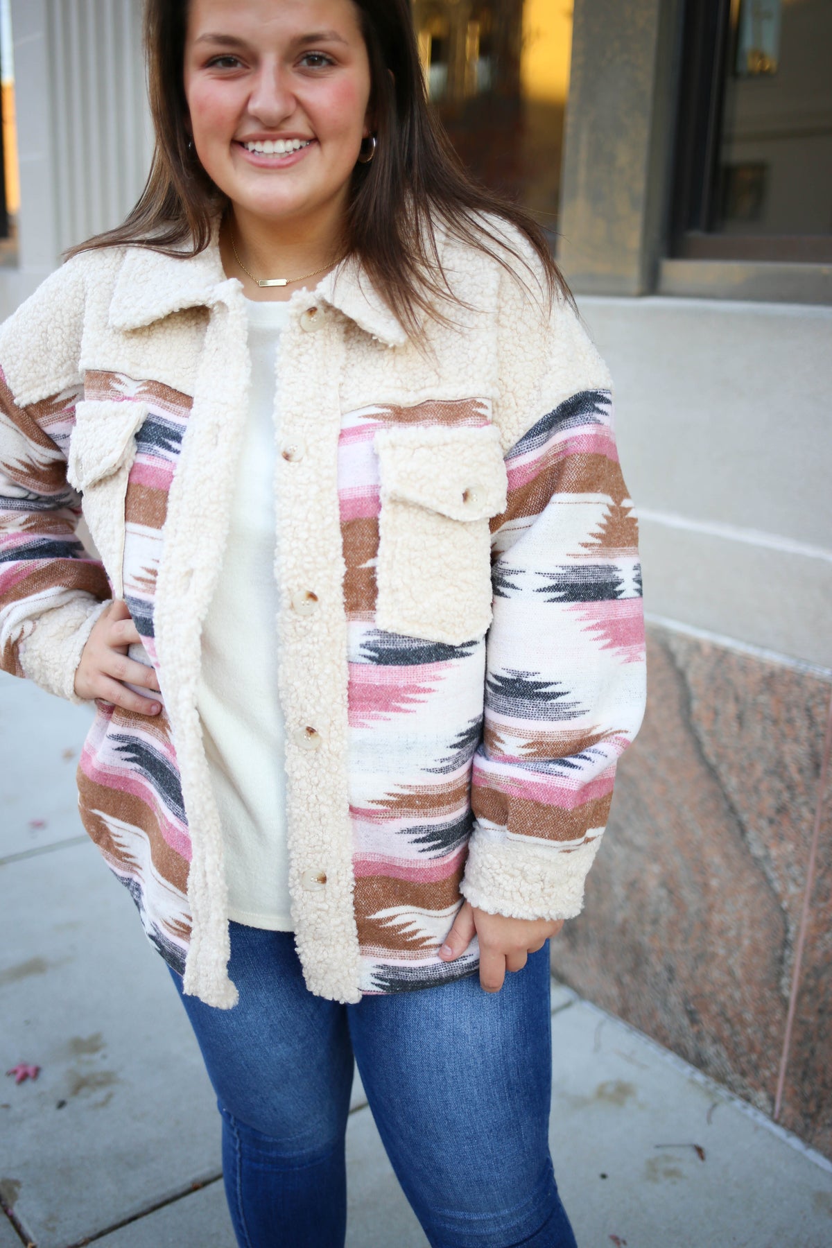 cream and pink sherpa aztec jacket