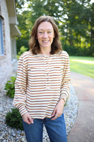 Rust Brown and Cream Stripe Long Sleeve Top | Sarah Blu Pepper