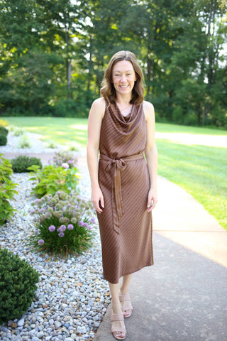 Chocolate brown stripe midi dress with cowl neckline and tie belt waist, Hyfve