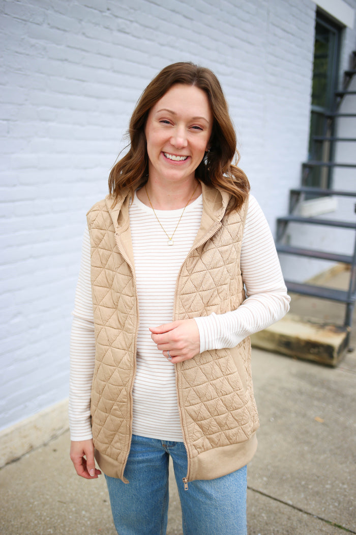 Taupe Quilted Zipper Front Vest | Vanessa Staccato