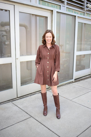 Brown Pinch Pleat Long Sleeve Dress | Lyla Entro