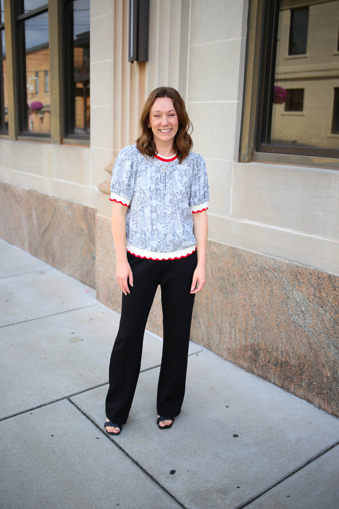 Grey Print with Red Hemline Detail Top | Reagan Voy