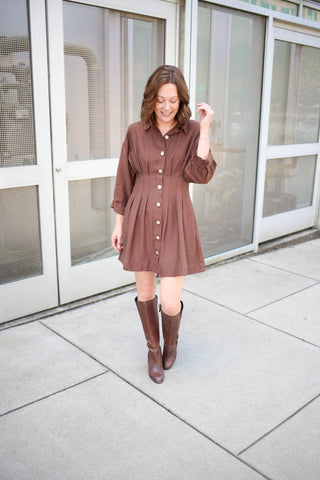Brown Pinch Pleat Long Sleeve Dress | Lyla Entro