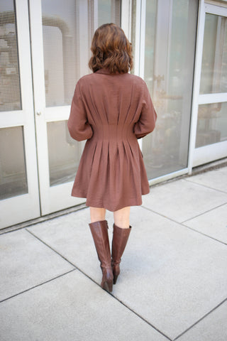 Brown Pinch Pleat Long Sleeve Dress | Lyla Entro
