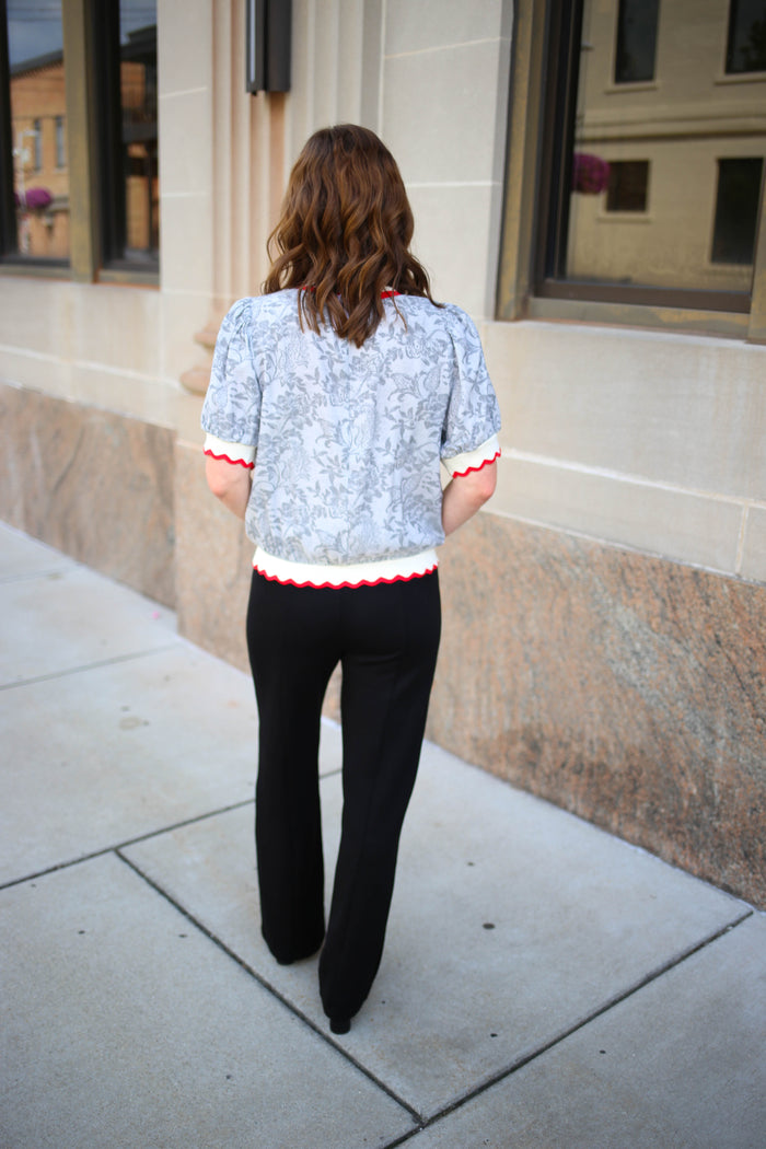 Grey Print with Red Hemline Detail Top | Reagan Voy