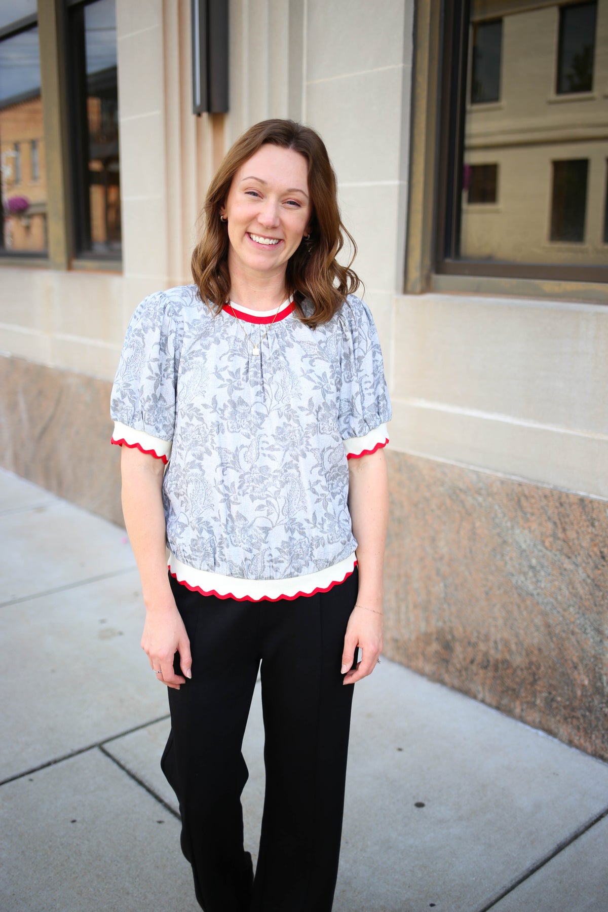 Grey Print with Red Hemline Detail Top | Reagan Voy