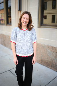 Grey Print with Red Hemline Detail Top | Reagan Voy