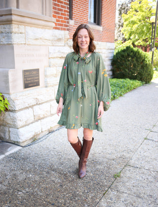 Olive Floral Print and Tie Neckline Dress | Tate Entro