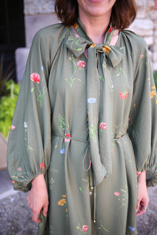 Olive Floral Print and Tie Neckline Dress | Tate Entro