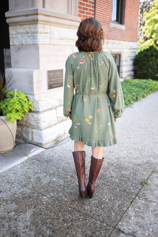 Olive Floral Print and Tie Neckline Dress | Tate Entro