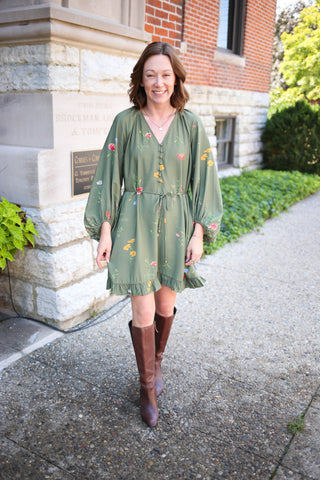 Olive Floral Print and Tie Neckline Dress | Tate Entro
