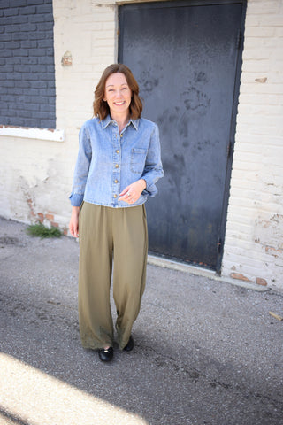 Olive Lace Hem Wide Leg Pant | Paige Entro