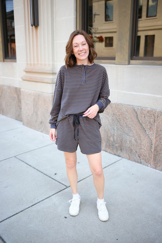 Grey and Yellow Stripe Pullover and Shorts Set | Stori Anniewear