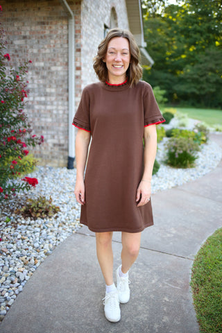Brown with red trim short sleeve knit dress, Jodifl