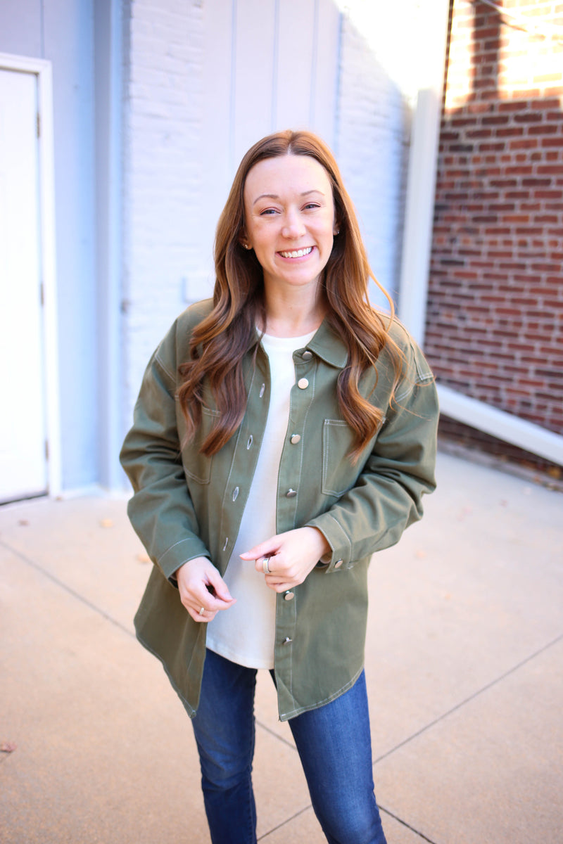 Olive Stitch Detail Shacket | Boutique Elise | Kassie Hyfve