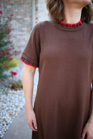 Brown with Red Trim Short Sleeve Dress | Chandler Jodifl