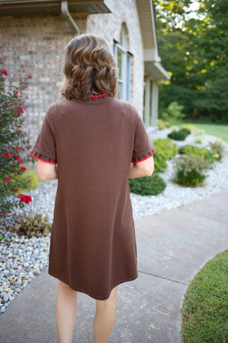 Brown with Red Trim Short Sleeve Dress | Chandler Jodifl