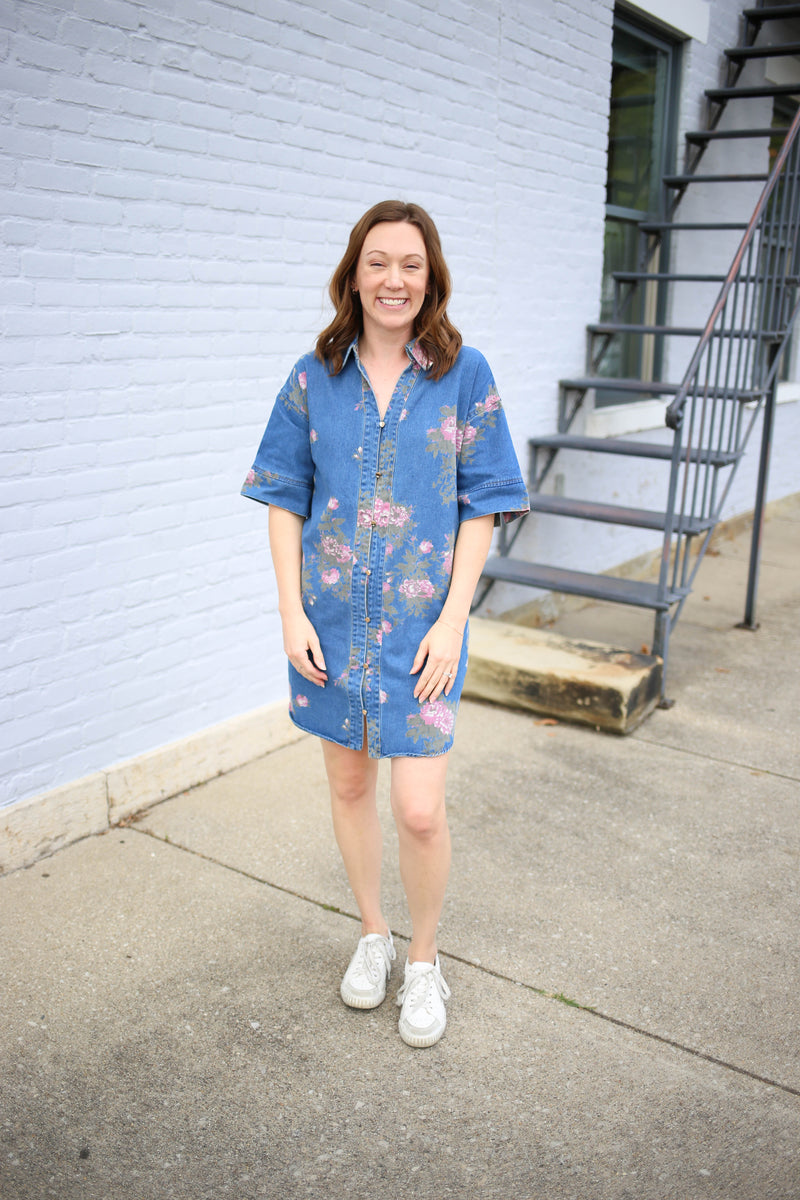 Denim and Pink Floral Print Shirt Dress | Della Entro