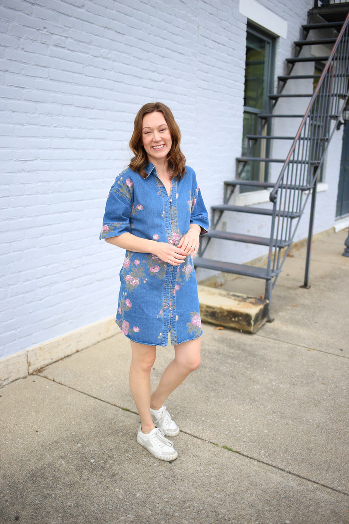 Denim and Pink Floral Print Shirt Dress | Della Entro