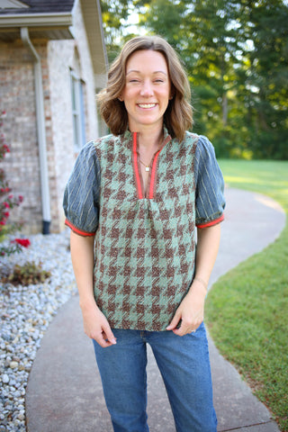 Sage green brown and denim detail short sleeve top, VOY