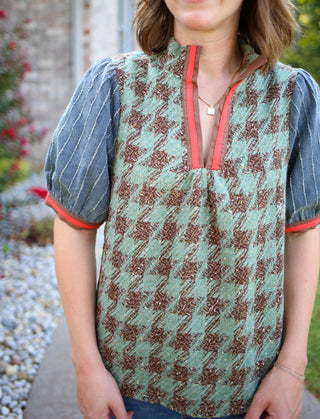 Sage Green Brown and Denim Detail Top | Michelle Voy