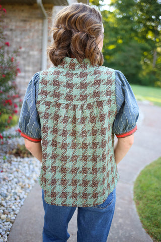 Sage Green Brown and Denim Detail Top | Michelle Voy