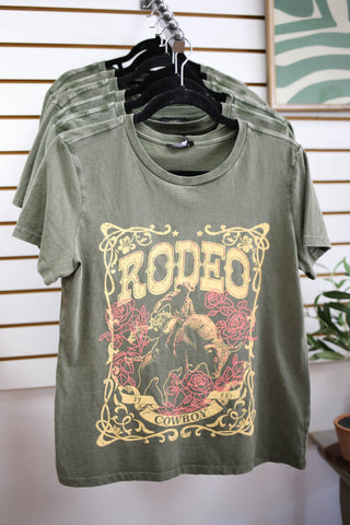 Olive green mineral wash short sleeve graphic tee with Rodeo Cowboy writing, Zutter