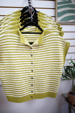 Chartreuse Green Stripe Sleeveless Cardigan | Charlie Entro