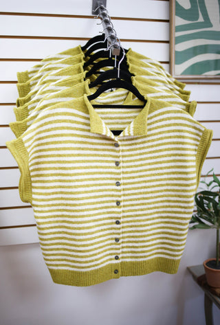 Chartreuse green stripe sleeveless cardigan, Entro 