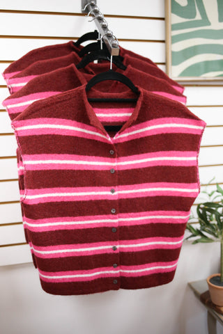 Burgundy pink and white stripe sleeveless cardigan, Entro