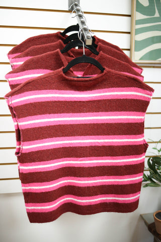 Burgundy and Pink Stripe Sleeveless Cardigan | Selena Entro