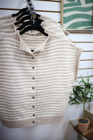 Taupe Stripe Sleeveless Cardigan | Leah Entro